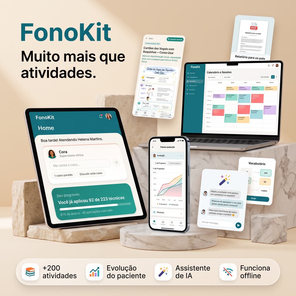FonoKit aberto no tablet, no celular e no notebook, mostrando o acervo por objetivo, o painel de evolução do paciente e o calendário de sessões